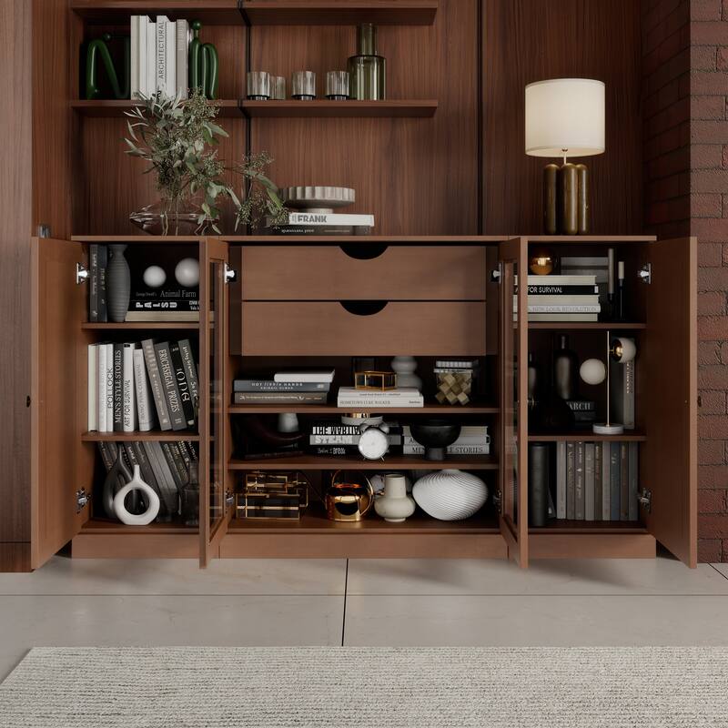 Palace Imports 100% Solid Wood 65" Sideboard with Solid, Clear Glass Doors, 2-Drawers and Adjustable Shelves - Mocha