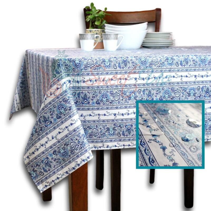 Wipeable Tablecloth Spill Resistant Cotton French Indienne Fleur - 60 x 98 in - Blue Burst