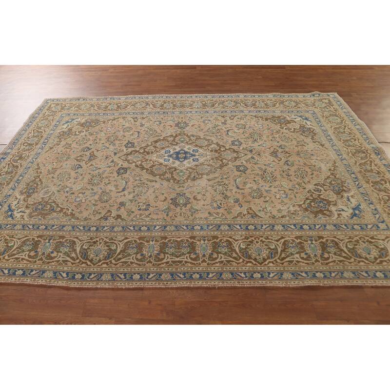 Traditional Mashad Persian Vintage Rug Handmade Orange Wool Carpet - 6'4"x 9'2"