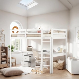 Twin Loft Wood Bed with Under-bed, Built-in Desk, White