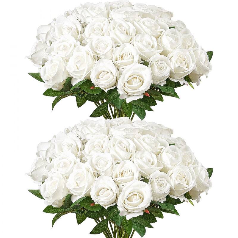 White Velvet Artificial Roses with 60 Stems Flexible Wire and Layered Bloom - 3.9 x 3.9 x 20.1 inch