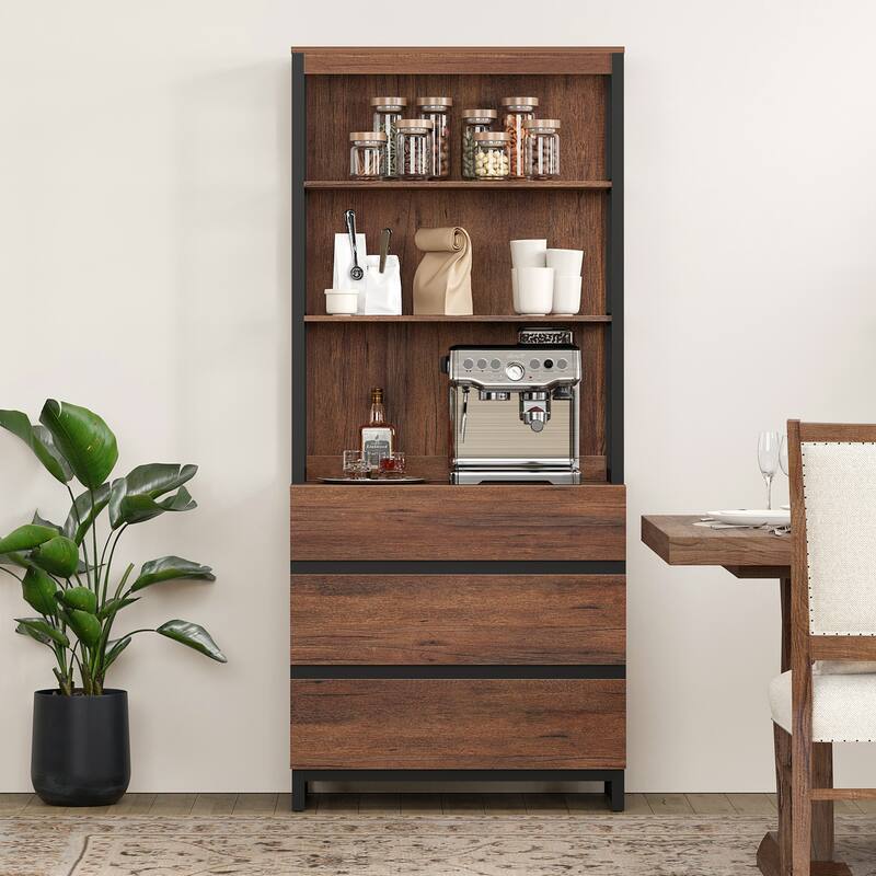 WAMPAT Modern 72" Tall Bookcase with Drawers and Open Book Shelfs, Library Book Shelf for Home Office, Living Room