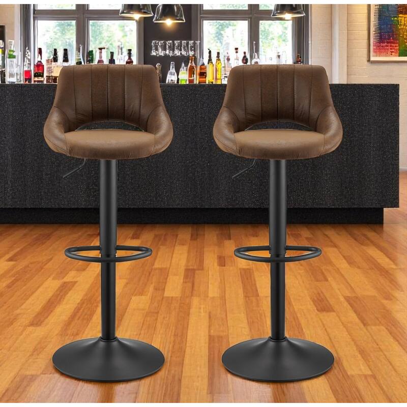 HomeRoots Set of Two Brown and Black Faux Leather and Steel Low Back Adjustable Height Swivel Bar Chairs - 18.11