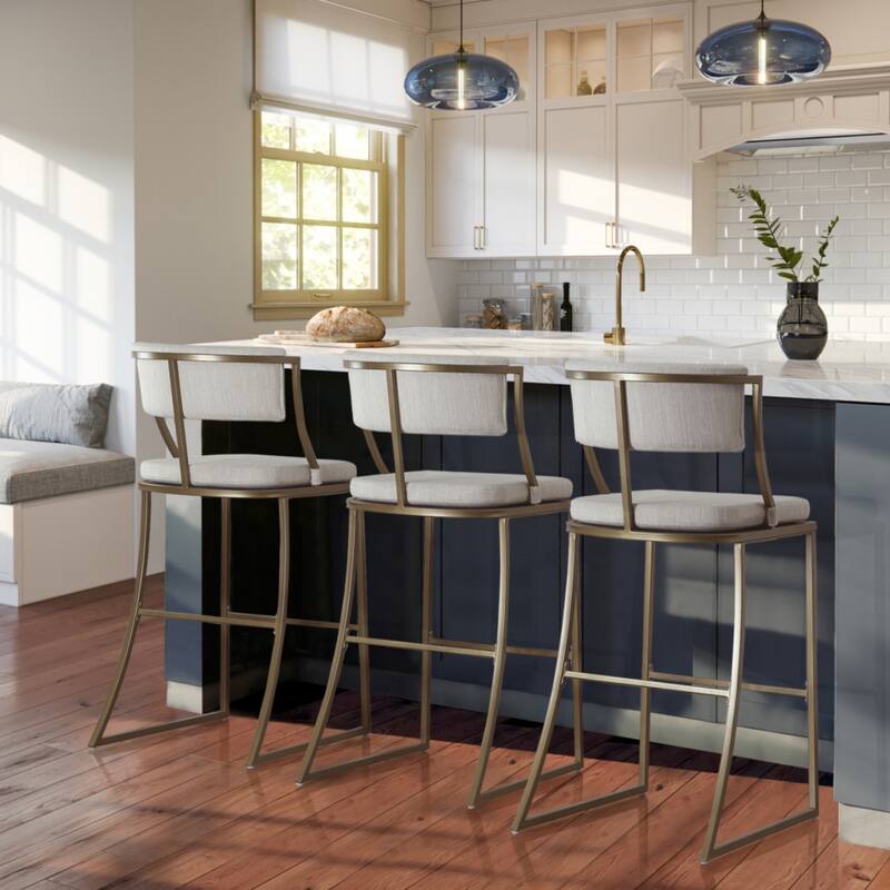 Beige Upholstered Steel Counter Bar Stool with Low Back and Footrest