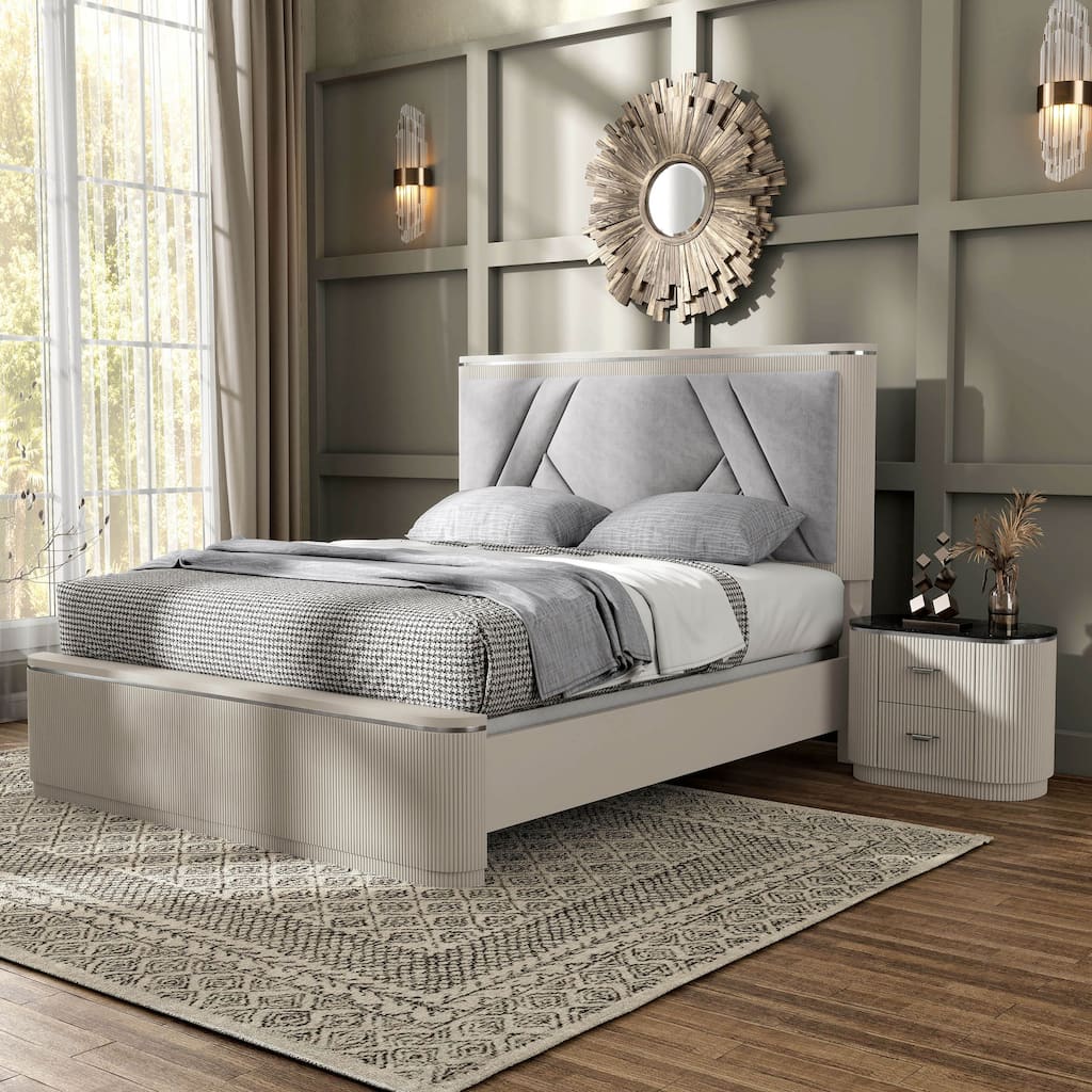 Furniture of America Leander Modern 2-Piece Light Grey Panel Bed and Nightstand Set