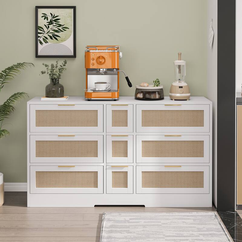 51.2 "Rattan Locker With Drawers, 9 Drawers, Metal Handles For Kitchen, Living Room, Bedroom - White
