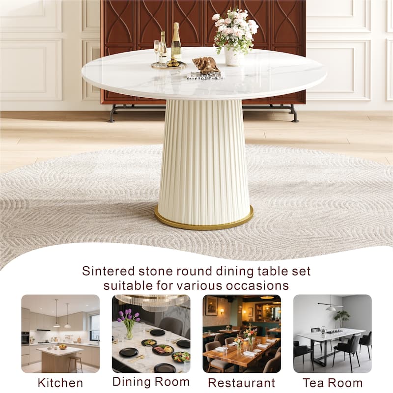 Modern 43.3 Inch Round Dining Table, Glossy Sintered Stone Top with Pleated PU Leather Iron Pedestal, Adjustable Feet - White