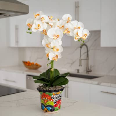 Triple Orchid Artificial Floral Arrangement with Mexican Talavera Planter - 27"