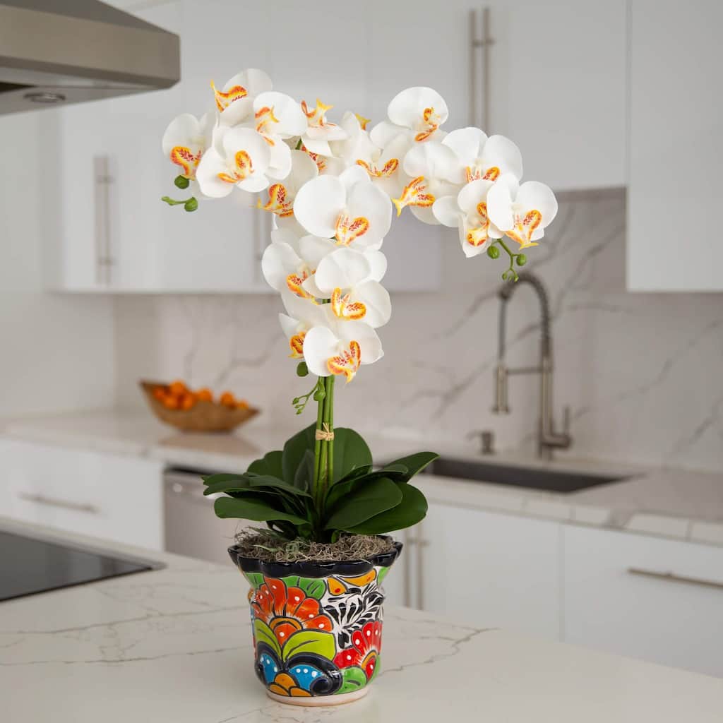Triple Orchid Artificial Floral Arrangement with Mexican Talavera Planter - 27"