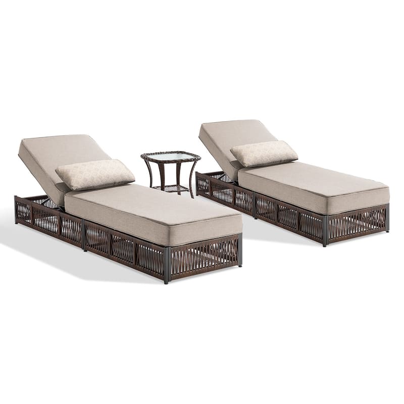 ArcoBay 3-Piece Brown Wicker Outdoor Patio Chaise Lounge with 5-Inch Thick Cushions and Side Table