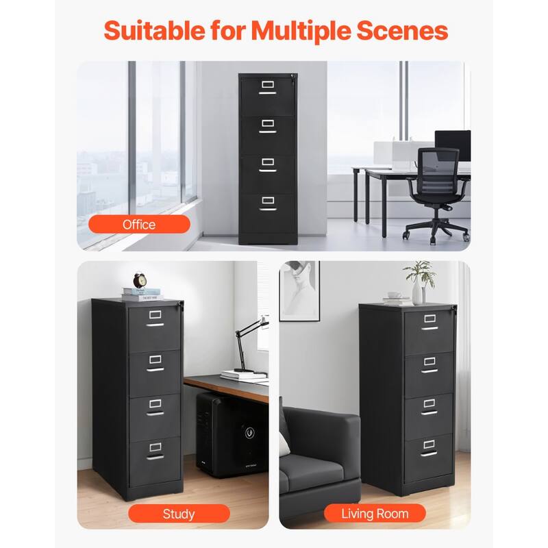 Black Cold Rolled Steel 4 Drawer File Cabinet with Lock and Full-Extension Tracks