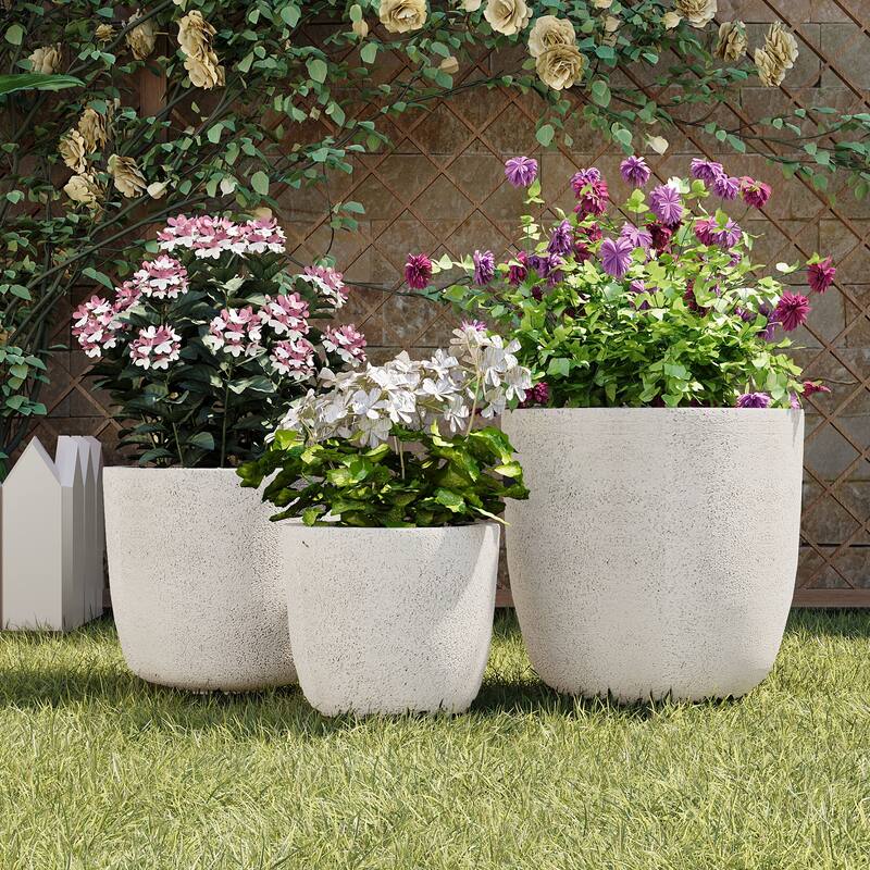 Lightweight Matte Textured MGO Flower Pot Set of 3,Round Concrete Stackable Planter with Drainage Holes and Rubber Plug - White