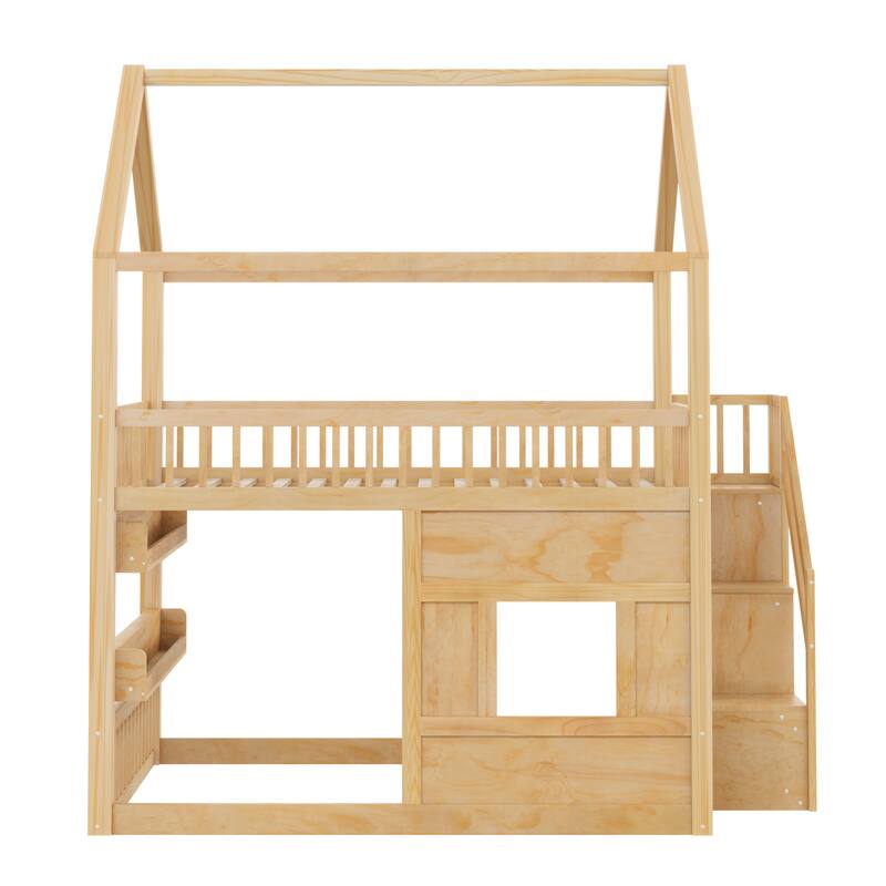 Roomfitters Full Size Wood House Loft Bed with Storage Stairs and Built-in Shelving, Modern Space-Saving Sleep Space