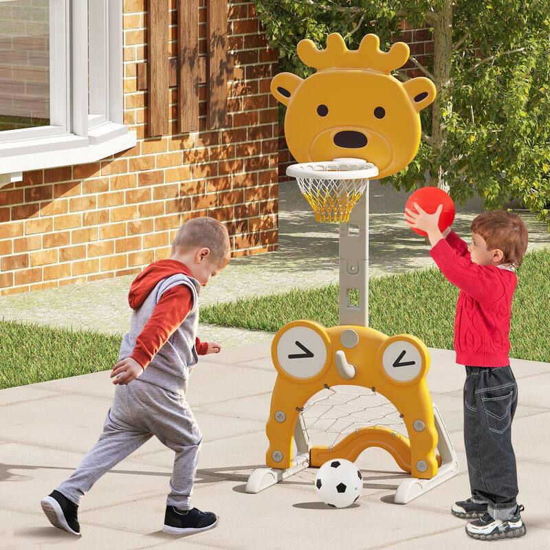 Yellow HDPE Kids Basketball Hoop with Adjustable Rim, Soccer and Golf Set - 21.5" L x 20.5" W x 44.5"-59" H