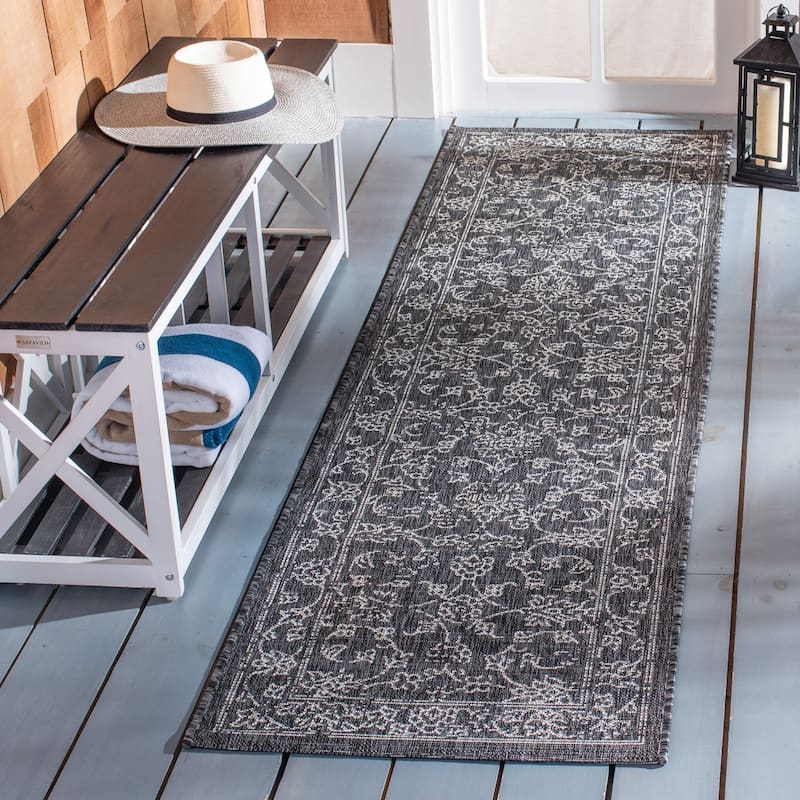 SAFAVIEH Courtyard Aquata Indoor/ Outdoor Waterproof Patio Backyard Rug - 2'3" x 16' Runner - Black/Ivory
