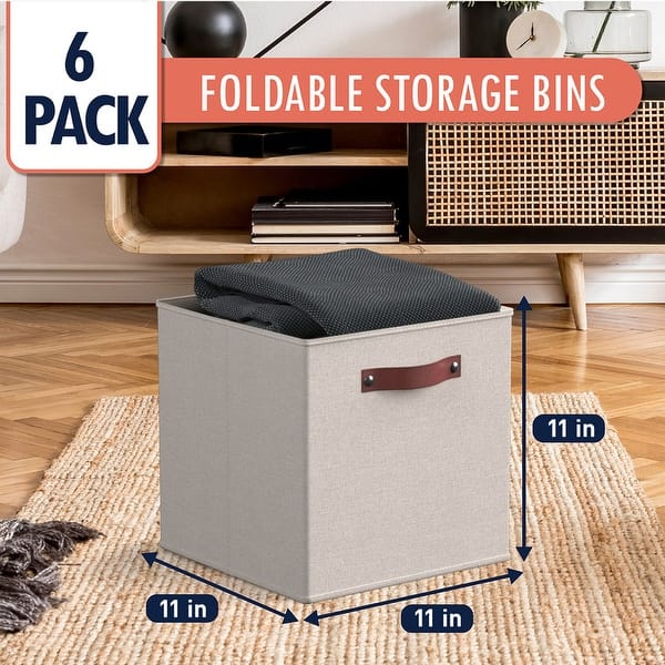 dimension image slide 3 of 4, Foldable Collapsible Storage Box Bins Linen Fabric Shelf Basket Cube Organizer with Leather Handles - Set of 6