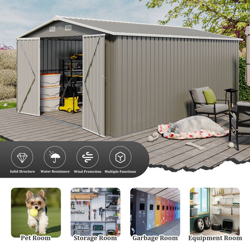 Campcraft Outdoor Storage Shed 10×14 FT with 3 Lockable Doors,4 Air Vents & Sloped Roof,Utility Tool Shed