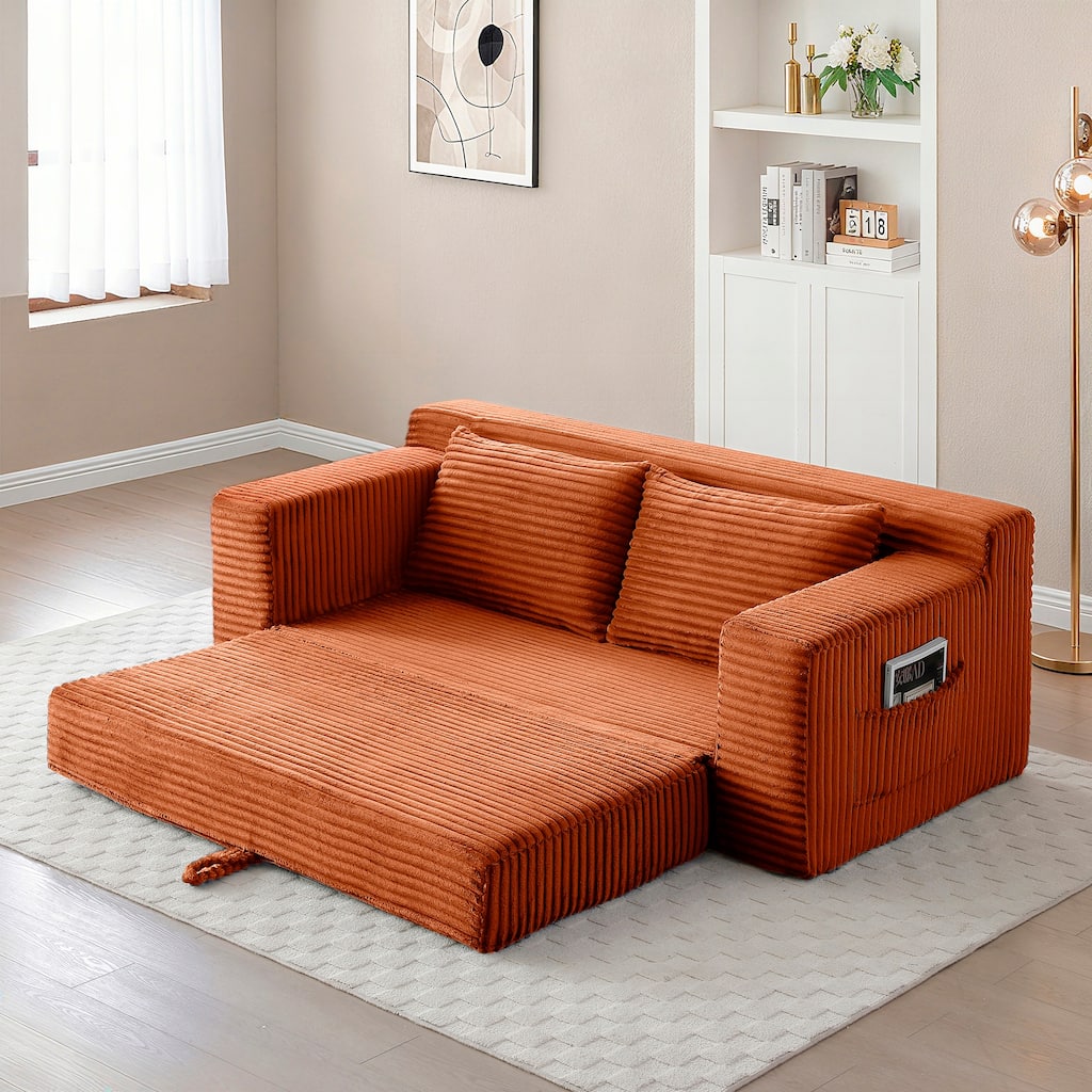 Memory Foam Cloud Loveseat Sofa, 2 in 1 Convertible Folding Couch Bed, No Assembly Compressed Corduroy Floor Lounge Sofa