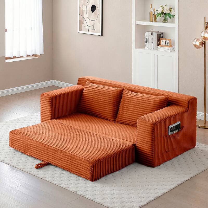 Orange Floor Sofa Couch Convertible Sofa Bed with Storage Pockets, Boneless Pull-Out Sofa Bed for Living Room