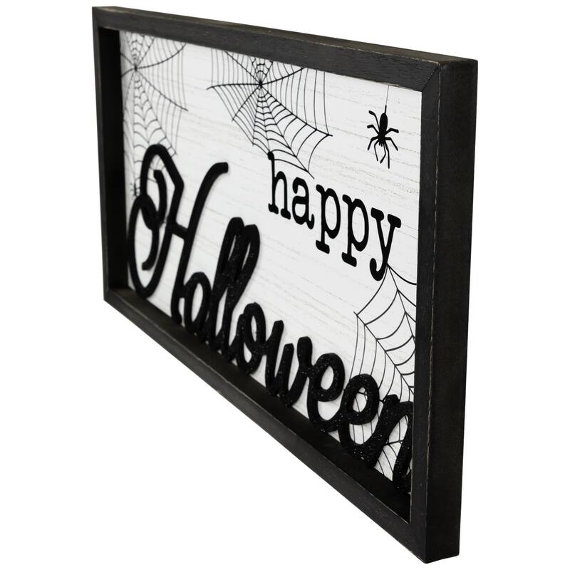 Rectangular Framed "Happy Halloween" Spider Web Wall Sign - 23.5"