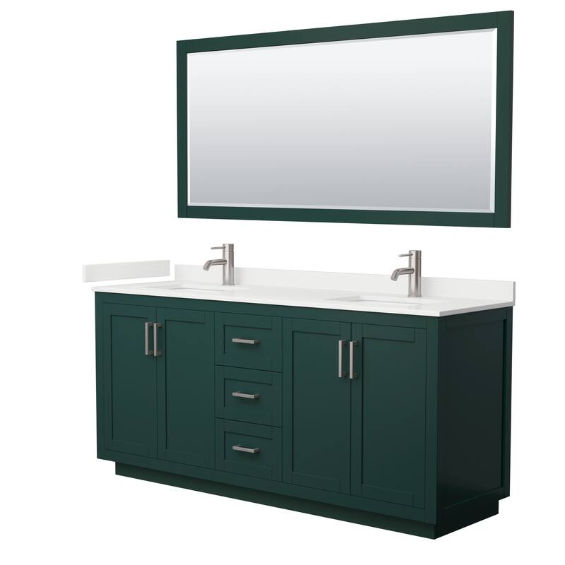 Miranda 72-inch Double Vanity, Quartz Top, 70-inch Mirror - Green, Nickel Trim, White Quartz Top