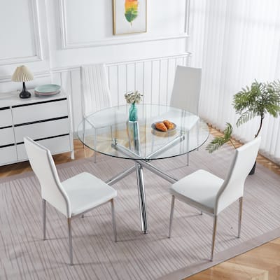 1+4,5pieces dining set, Table metal leg Mid-century Dining Table for 4-6 people With Glass Table Top, Pedestal Dining Table