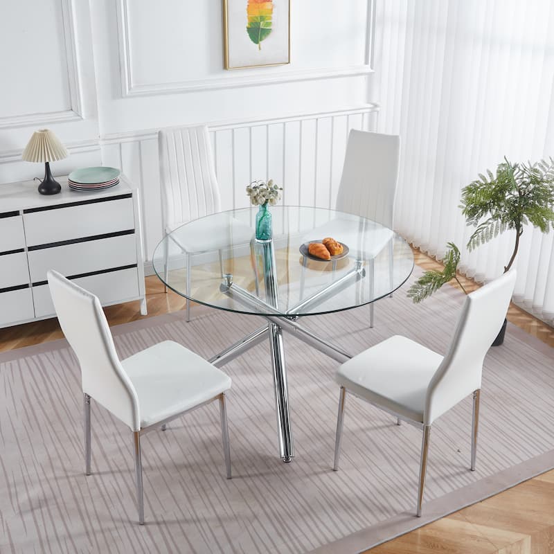 GDFStudio - Monteria Modern 43.31" Tempered Glass Top Dining Table with Chrome Metal Base