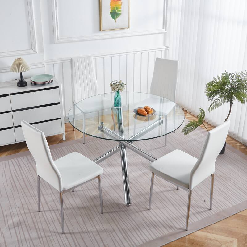 Round Glass Dining Table for 4 Person, Small Kitchen Table with Glass Tabletop & Metal Legs, Modern Leisure Coffee Table