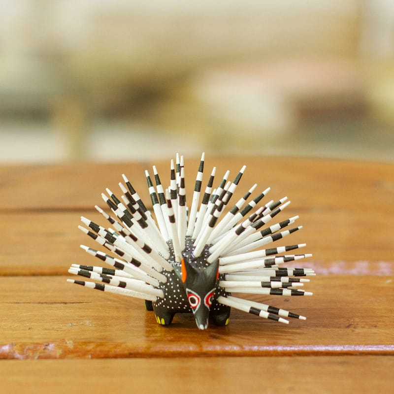Novica Handmade Cute Porcupine In Black Wood Alebrije Figurine