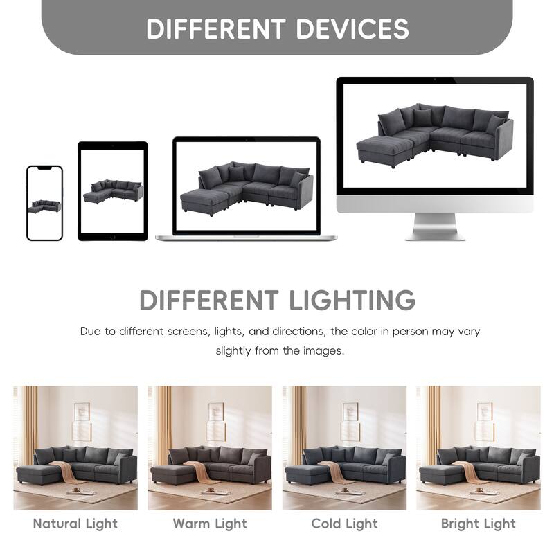 Modular L-Shaped Sectional Sofa with Movable Ottoman, 5 Seat Corner Couch with Throw Pillows, Comfy Cloud Upholstered Sofa