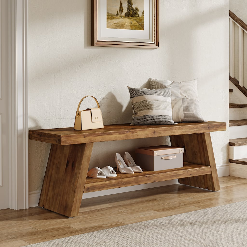 Solid Wood Entryway Bench, 2-Tier Shoe Bench with Open Shelves