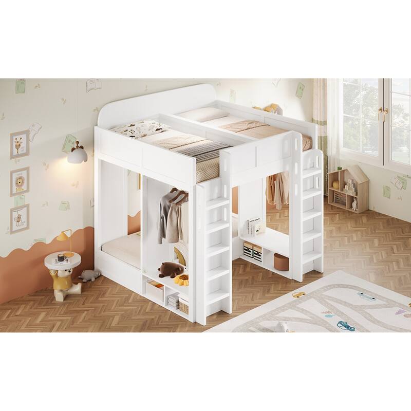 Roomfitters Triple Bunk Bed with Twin, Twin and Twin XL Beds, Storage Shelves and Hooks