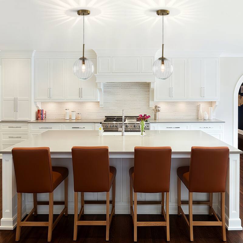 1-Light Brushed Gold Pendant Lighting with Clear Ribbed Glass Shade