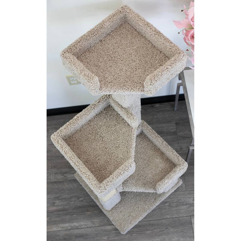 3-Level Solid Wood and Carpet Cat Tree with Deep Perches and Large Sisal Rope Scratching Post for Healthy Claw Care