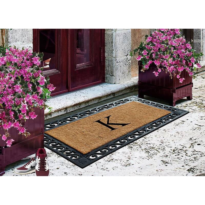 A1HC Rubber and Coir Maple Leaf, Heavy Weight Durable Monogrammed Doormat, 23"X38" Black