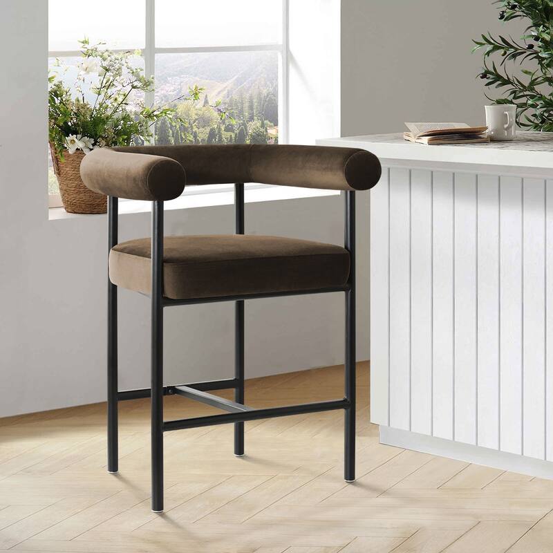 Modern 24" Upholstered Velvet Solid Back Counter Stool with Arms - Mink imitation-1-piece - Single