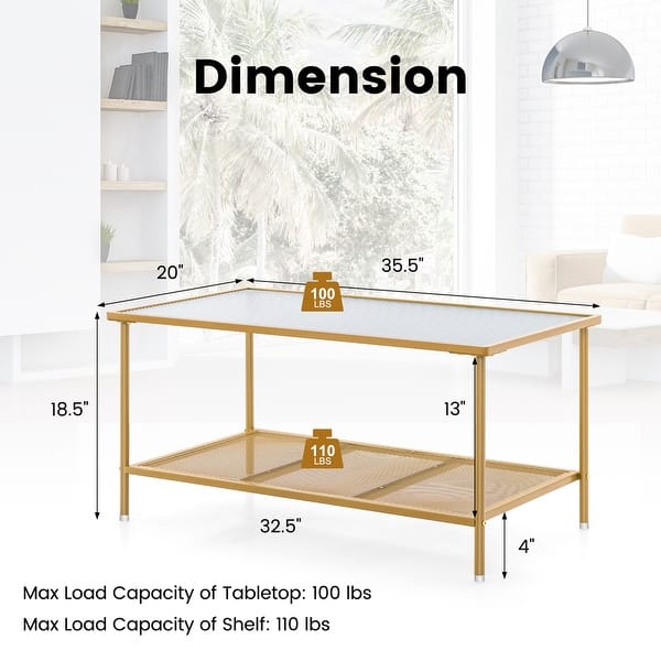 Costway 2-Tier Coffee Table with Shelf with Tempered Glass Top & Metal - See Details