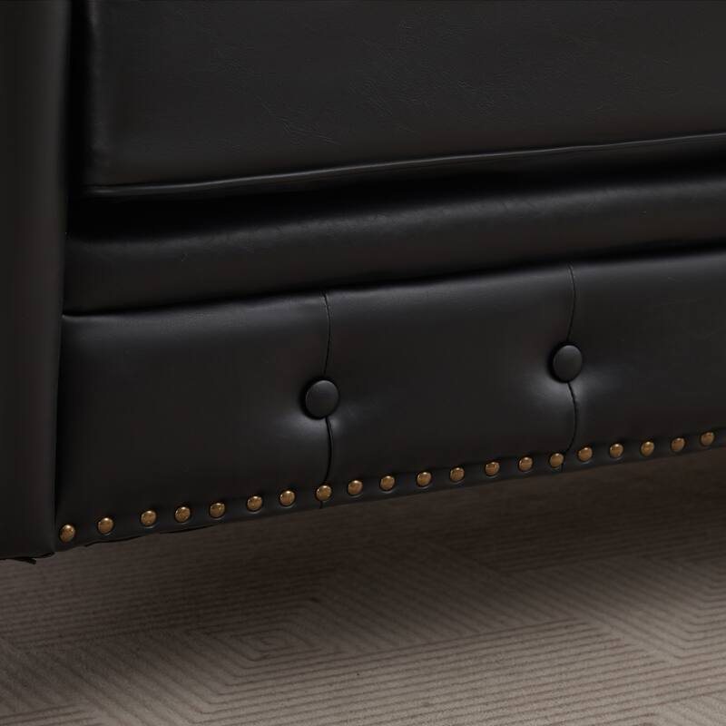 Vintage PU Button-Tufted Sofa Couch, Flared Arms, Rubberwood Legs & Nailhead Trim