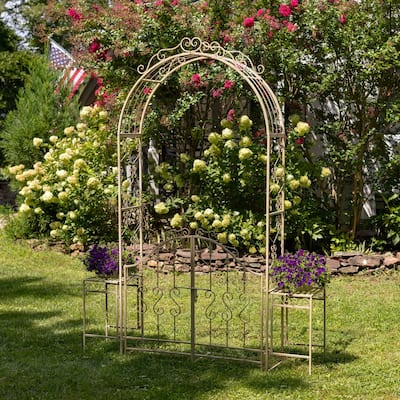 96 Inch Tall Iron Garden Gate Arch with Plant Stands