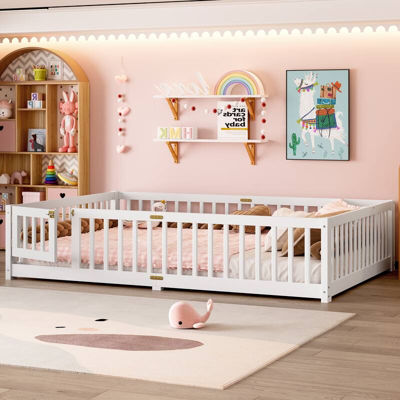 Wooden Floor Bed Frame with Safety Guardrail and Door, Kids Montessori Floor Beds, No Box Spring Needed
