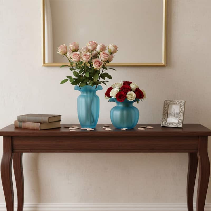 Fleurine Set of 2 Fluted Blooming Decorative Glass Flower Table Vases