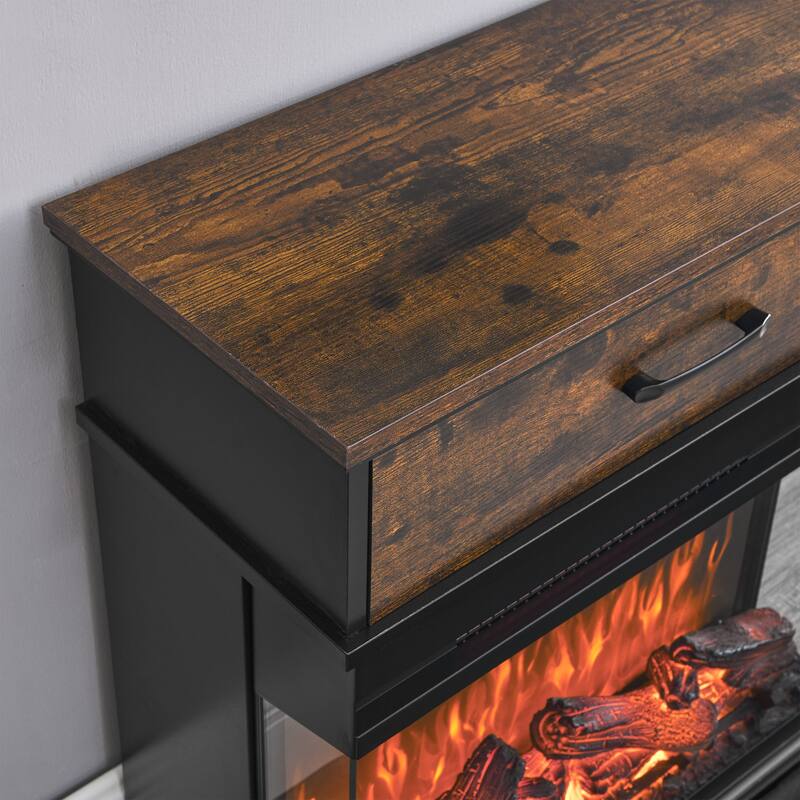 25" Stand Side Table with Electric Fireplace, 3-Sided Glass, Remote Control, 1500W Heater for Living Room
