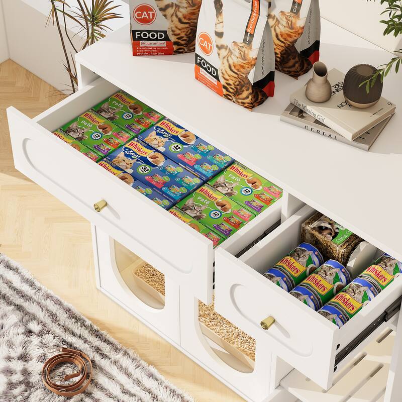 Cat Litter Box Enclosure with LED Light, Hidden Litter Box Furniture with Storage Drawers, Indoor Pet House with Acrylic Doors