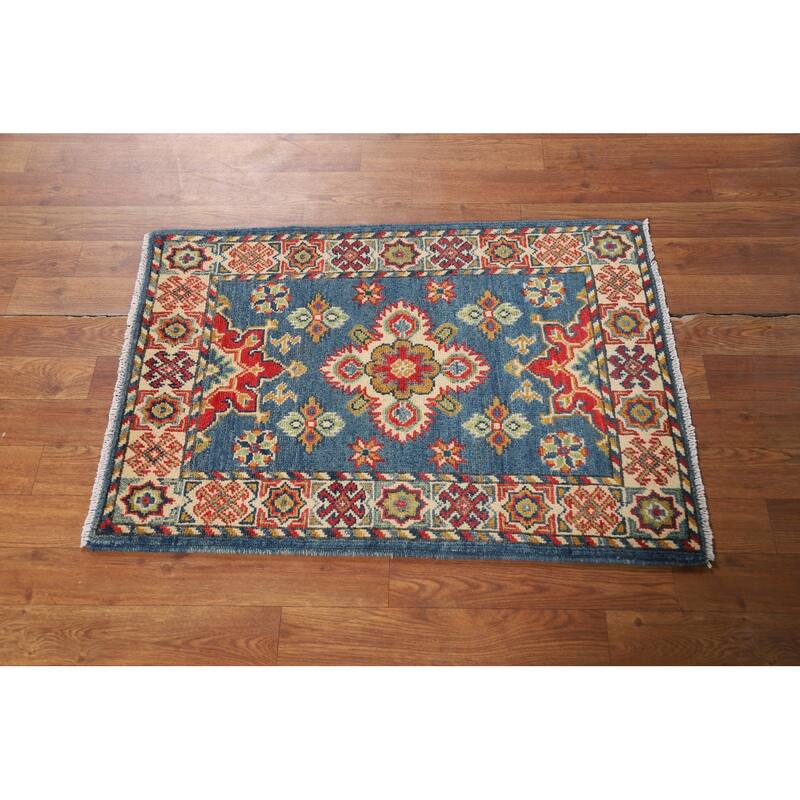 Blue Geometric Kazak Oriental Foyer Rug Handmade Wool Carpet - 2'0" x 3'0"