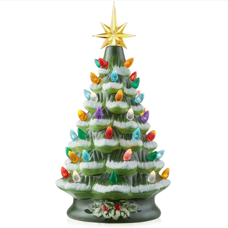 12in Hand Painted Ceramic Christmas Tree PreLit Tree with Star