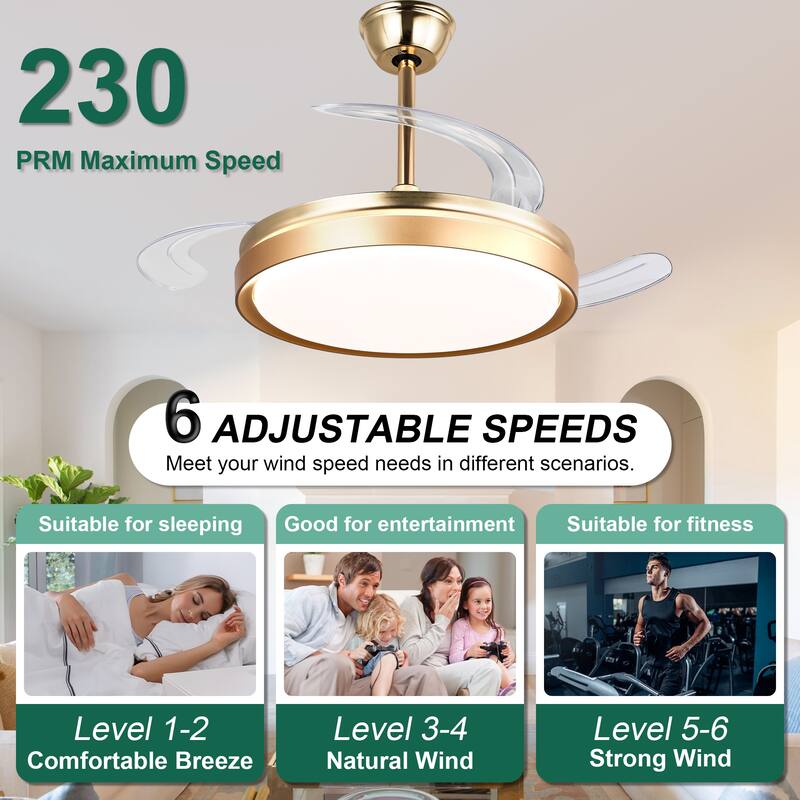 Cusp Barn 42 Inch Retractable Ceiling Fan with Lights, Modern Silent DC Motor 6 Speeds Chandelier Ceiling Fan for Bedroom