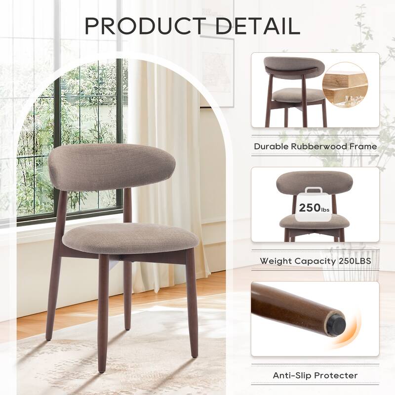 Set of 2 Wooden Dining Chairs, Fabric Upholstered, Beige