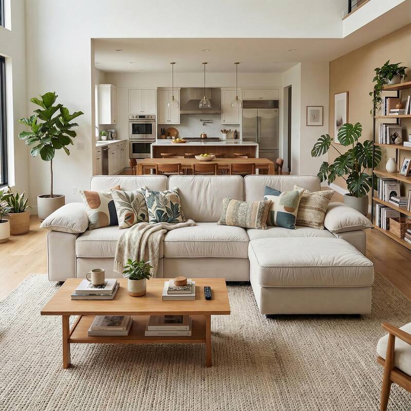 Upholstered L-Shaped Sectional Sofa Couch with Ottoman, Modern Fabric Deep Seat Sofa