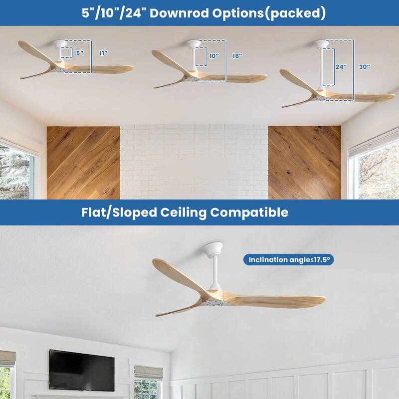 52''/60" Large Ceiling Fan without Lights, Remote Control and Reversible Motor Included, 3 Wood Blades