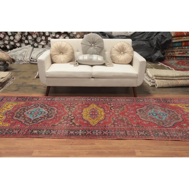 Hand Knotted Oriental 100% Wool Carpet Traditional Floral Red Tabriz Runner Rug - 10' 9'' X 3' 10''